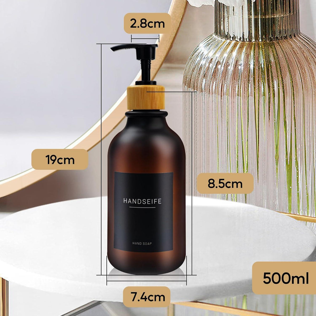 3x Seifenspender 500ml mit Etiketten – Bernstein Schwarz