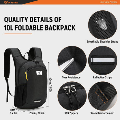 Ultraleichter Faltbarer 10L Rucksack Schwarz - Outdoor Wanderrucksack