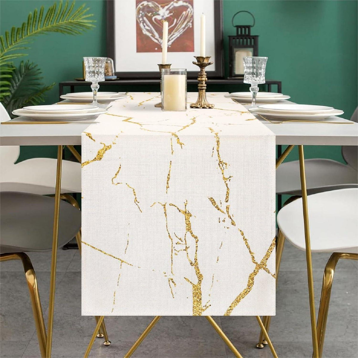 Moderner Tischläufer Weiß Marmor Gold 33x183 cm Leinen