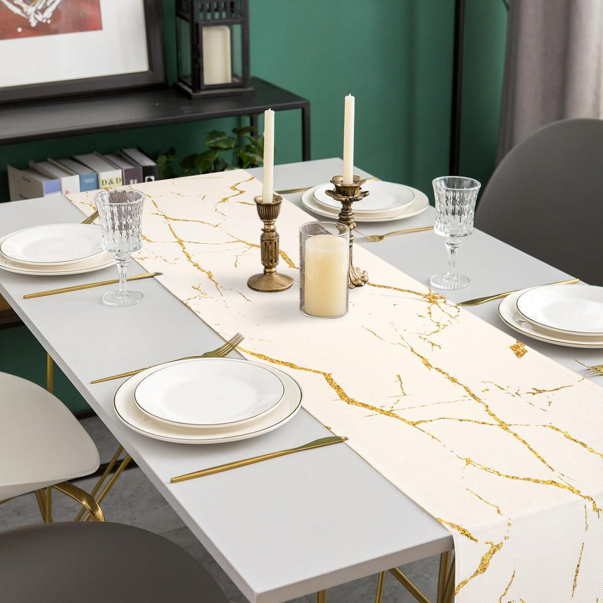 Moderner Tischläufer Weiß Marmor Gold 33x183 cm Leinen