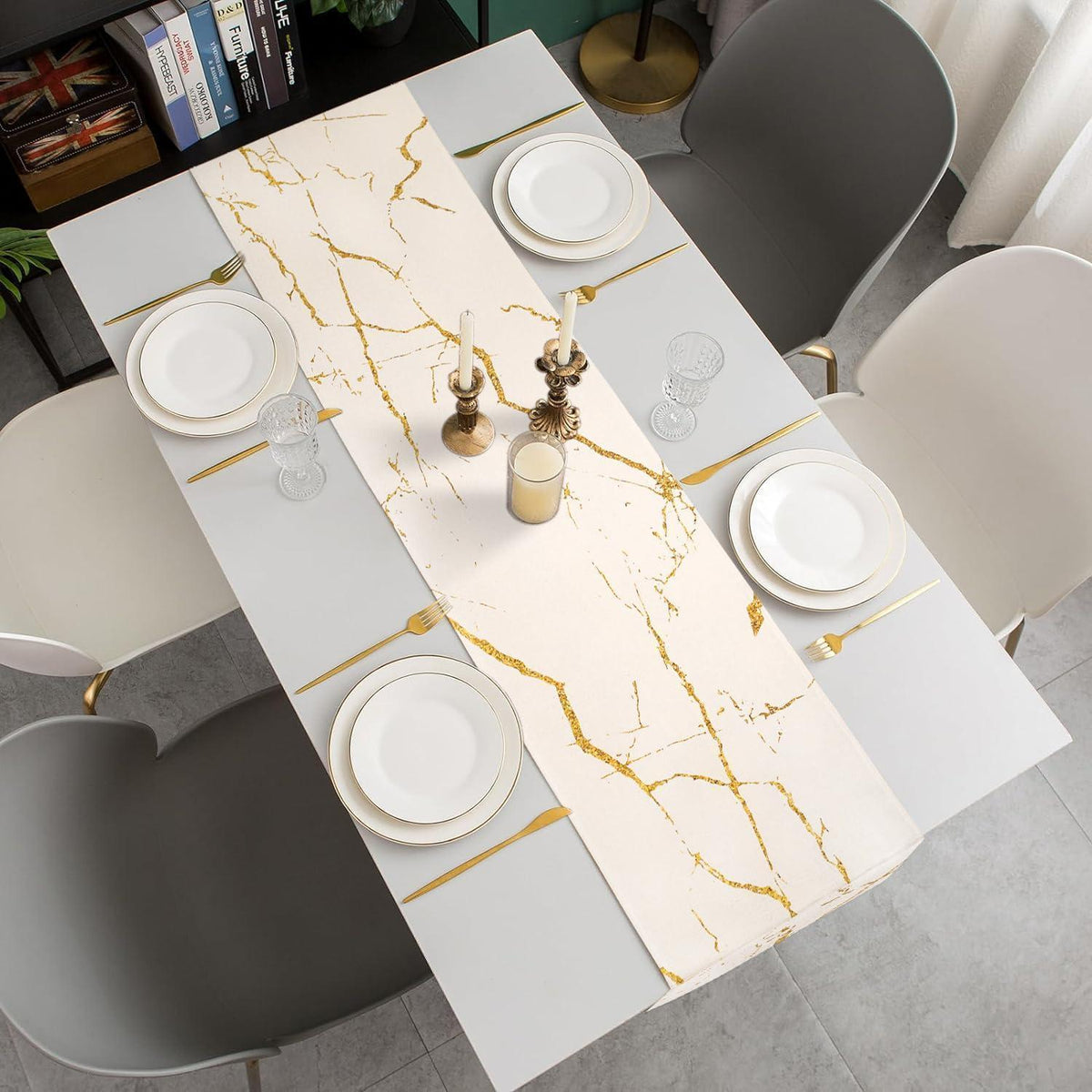 Moderner Tischläufer Weiß Marmor Gold 33x183 cm Leinen