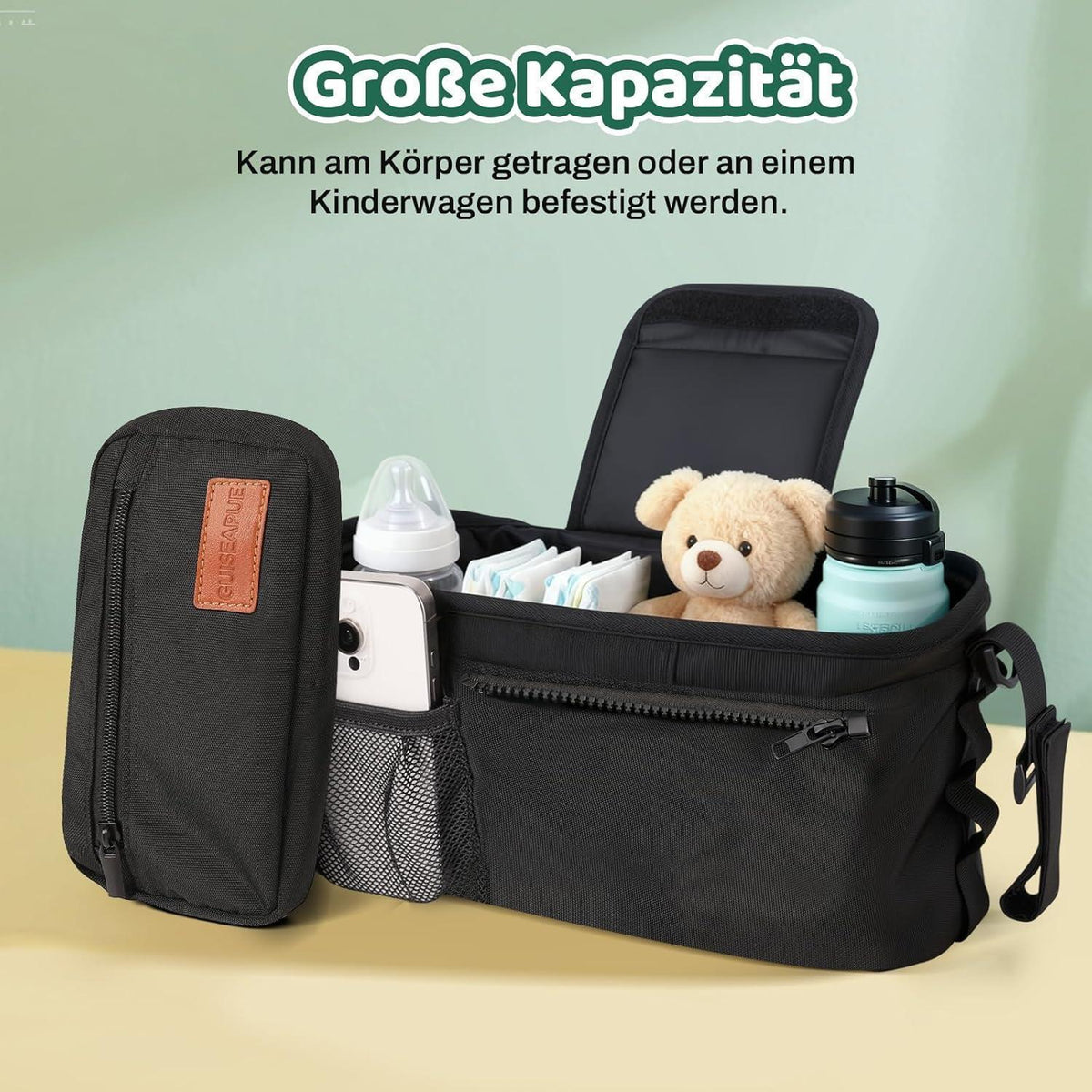 Kinderwagen Organizer mit Getränkehalter & Tasche Schwarz
