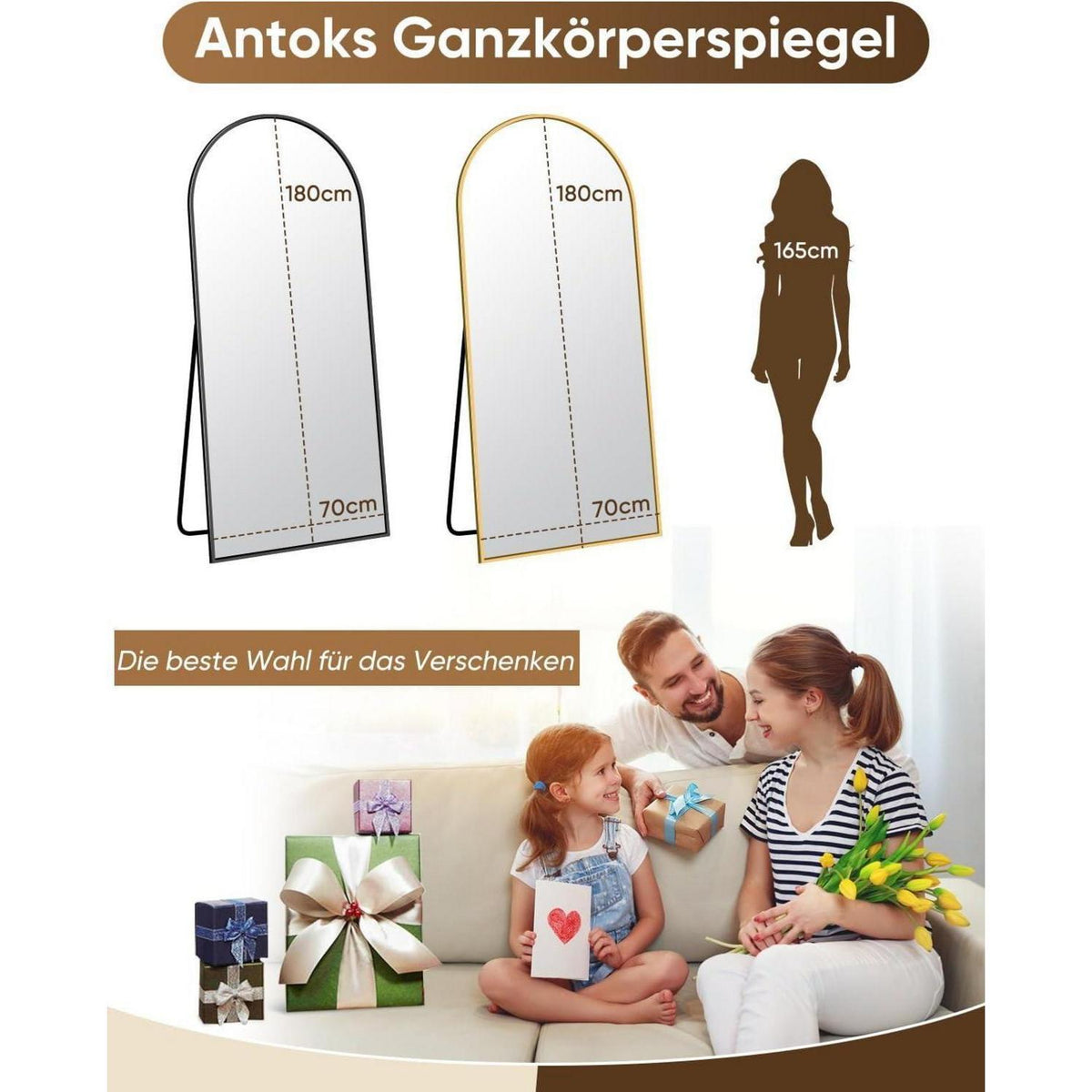 Ganzkörperspiegel Standspiegel gebogen, Schwarz oder Gold