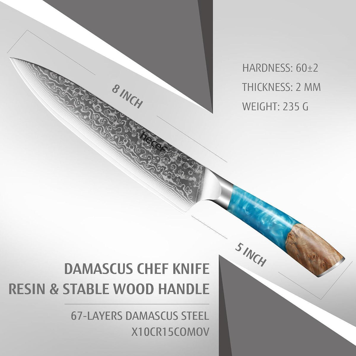 20cm Damast Kochmesser VG10 Stahlkern | Blauer Harzgriff