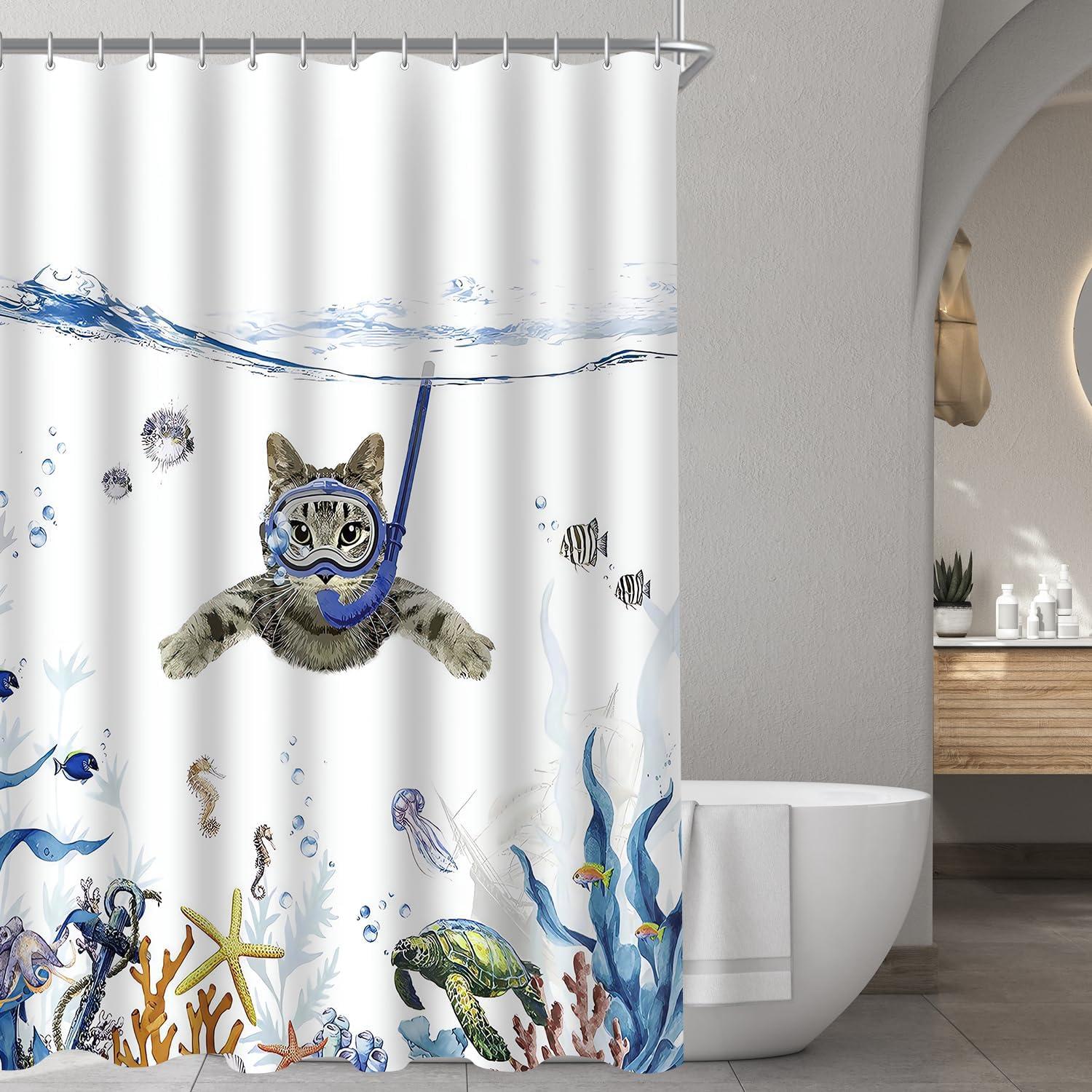 Duschvorhang 150x200cm Katzenschwimme Antischimmel Textil, Wasserabweisend, Waschbar