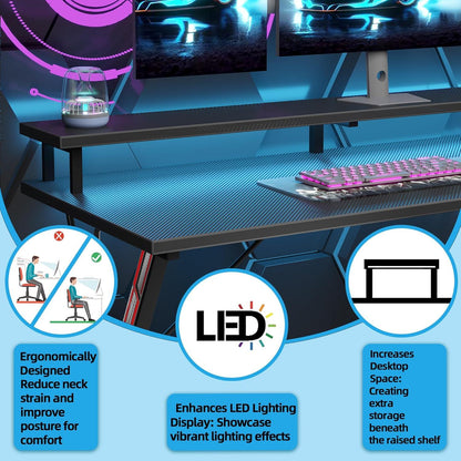 LED Gaming Schreibtisch 100x50 cm mit Steckdosenleiste – Moderner Gamer PC Tisch