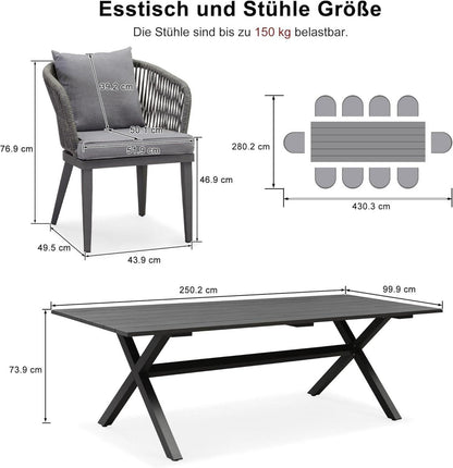 PURPLE LEAF 11-TLG Gartenmöbel Set Outdoor Aluminium Rattan Grau