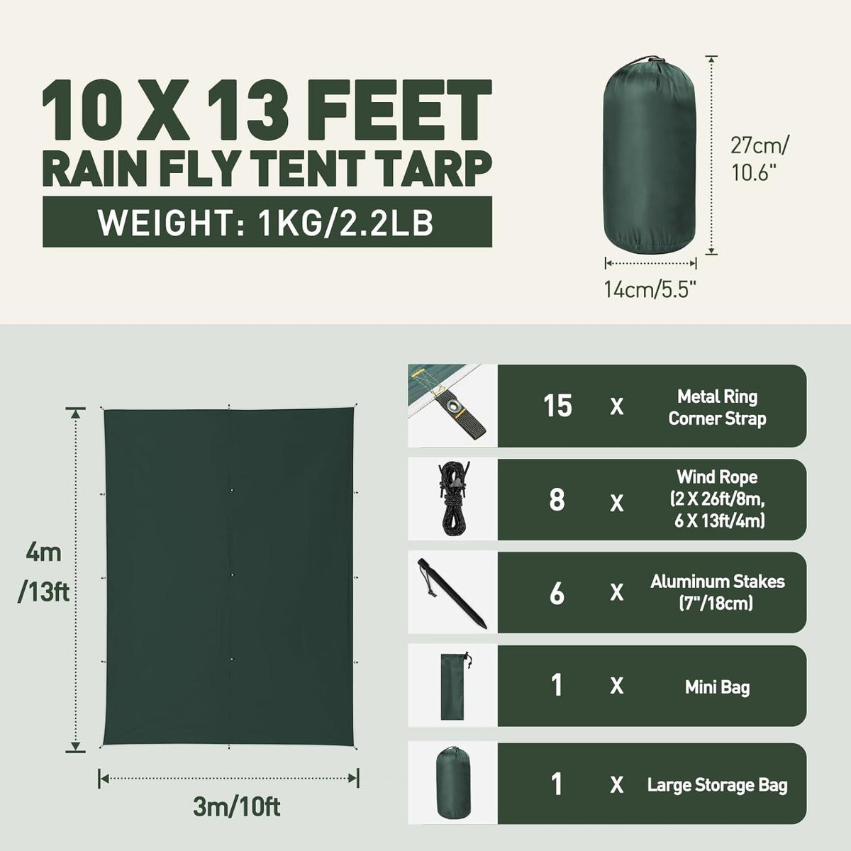 VOSOIR Tarp 3x4M Wasserdicht Ultraleicht Zeltplane 15 Öse+6 Stifte+8 Seile UV