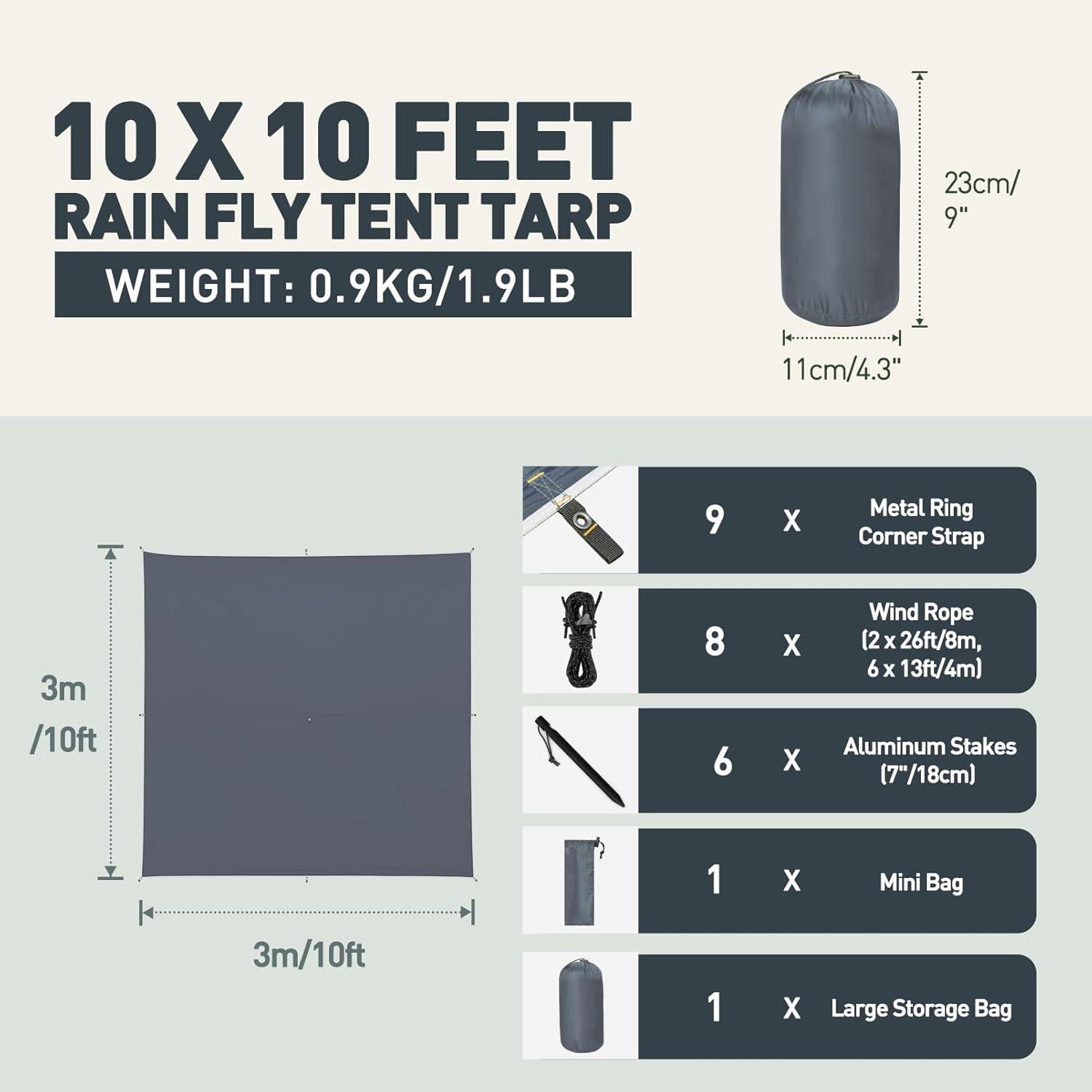 Ultraleichtes Camping Tarp 3x3M Wasserdicht Graublau Outdoor Zeltplane