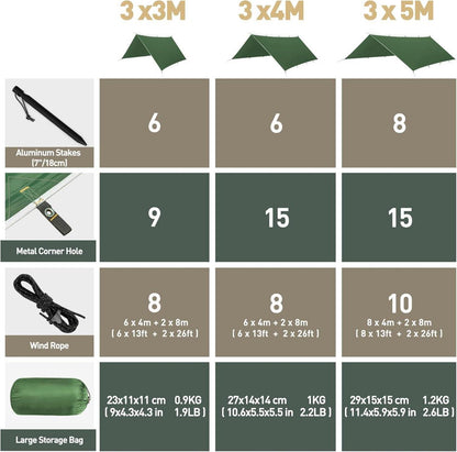VOSOIR Tarp 3x3M Wasserdicht Ultraleicht Camping Zeltplane Anti-UV Schutz für Camping Wandern