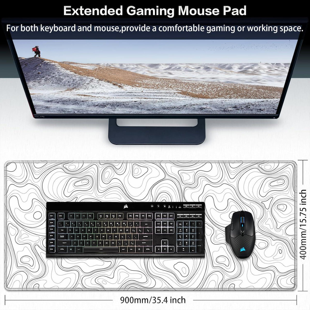 Großes Gaming Mousepad Weiß 900x400mm Wasserdicht Anti-Rutsch