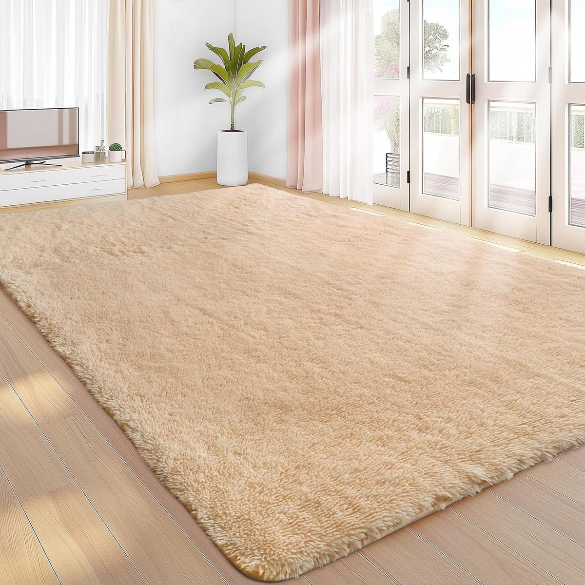 Flauschiger Hochflor Teppich Beige 160x230 – Wohnzimmer Schlafzimmer Matte