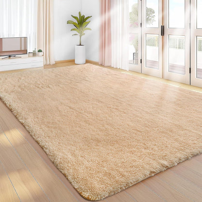 Hochflor Teppich Beige 140x200 Modern Wohnzimmer Kinderzimmer