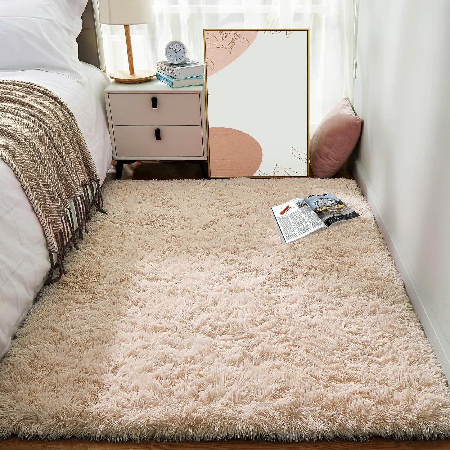 Sour Lemon Hochflor Teppich Beige 140x200 Waschbar Anti-Rutsch Flauschige Moderne Teppich