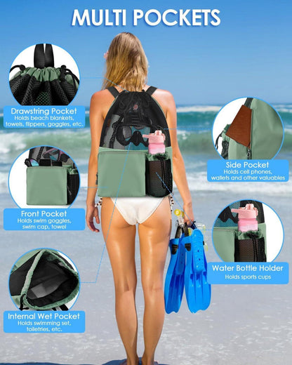 Schwimmen Tasche Strandtasche Mesh-Rucksack Kordelzug Sport Wasserfest