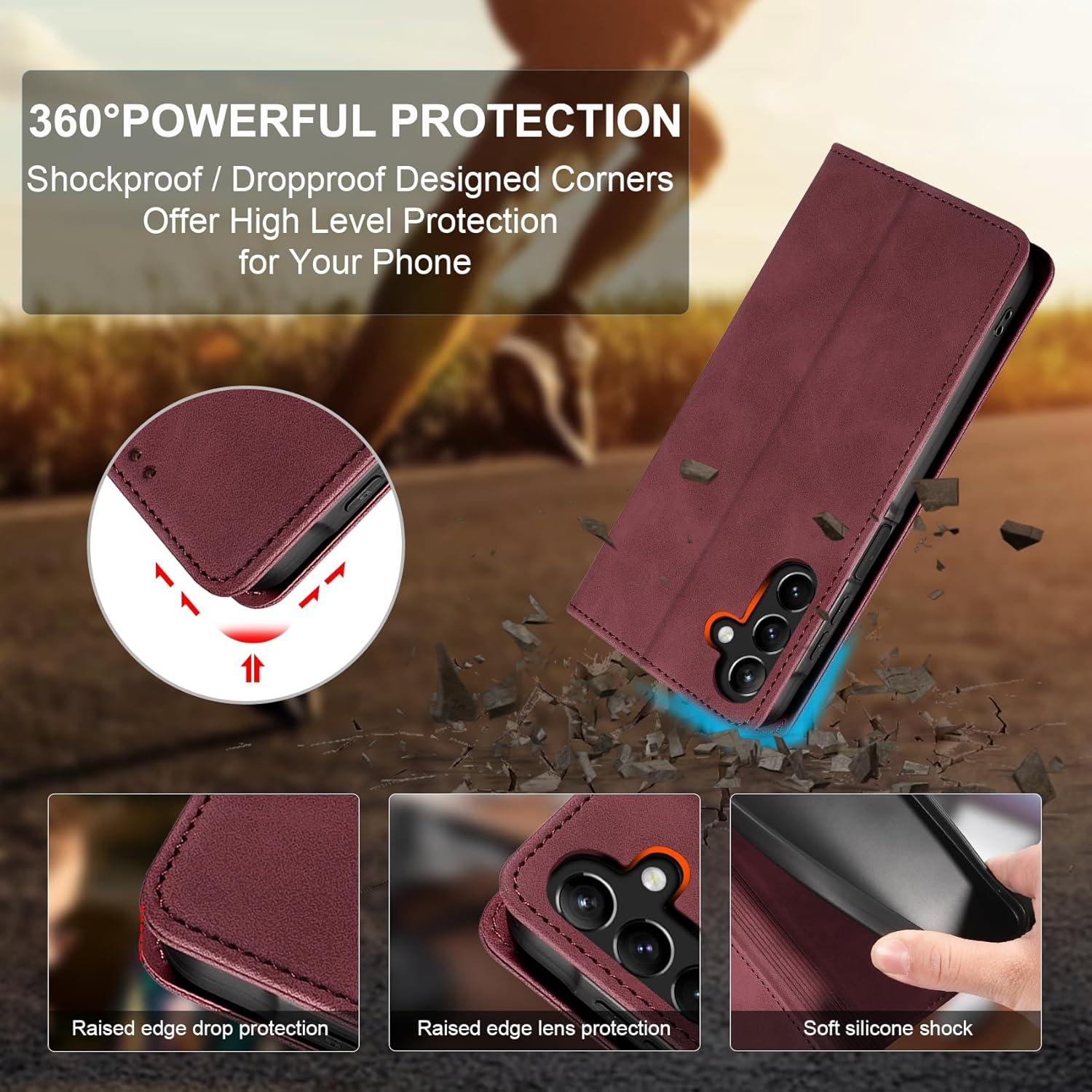 QHOHQ Samsung Galaxy A15 Hülle Leder Flip Case Magnet Multifunktional Weinrot