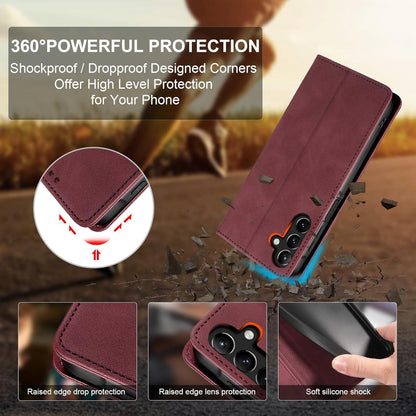 QHOHQ Samsung Galaxy A15 Hülle Leder Flip Case Magnet Multifunktional Weinrot