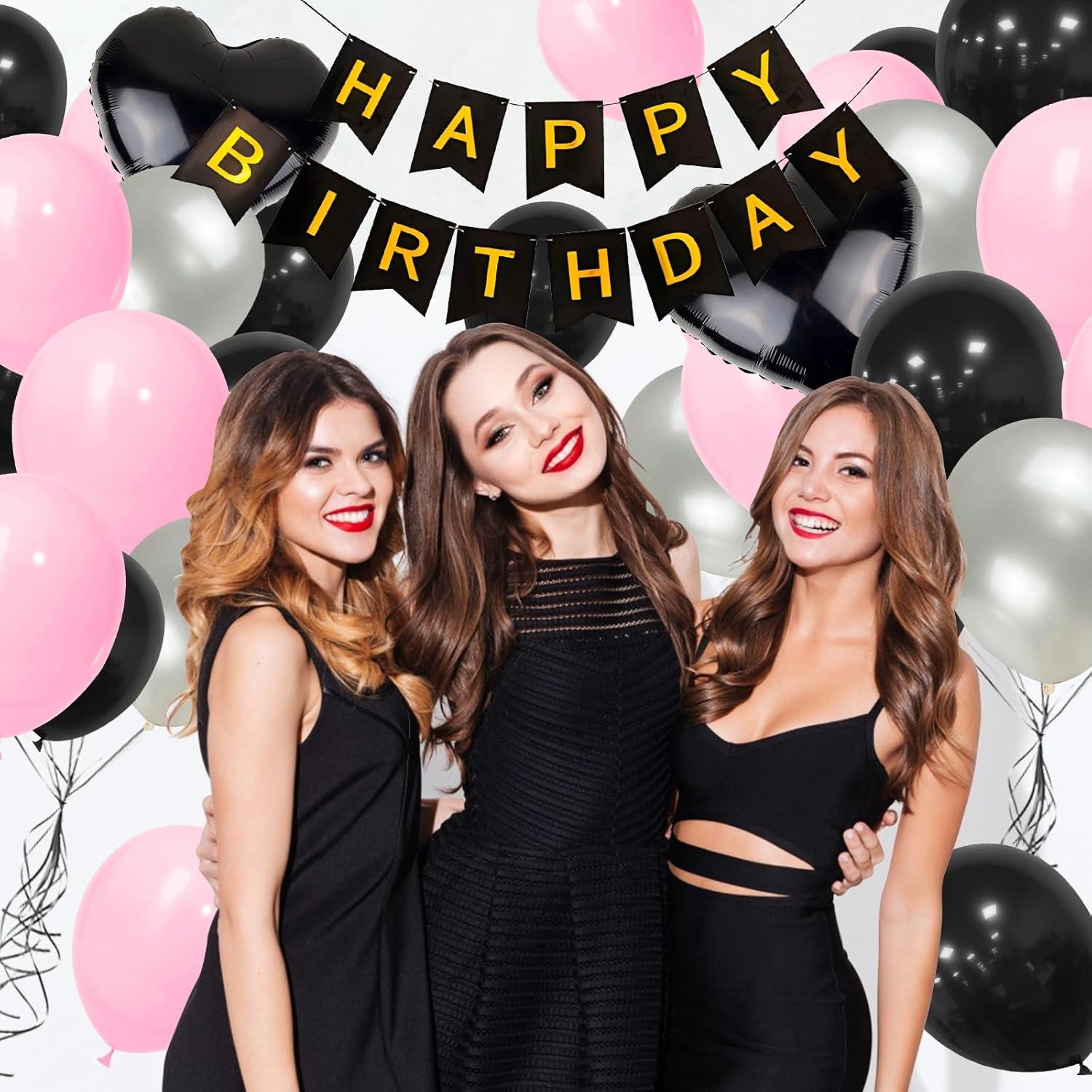 Geburtstagsdeko Set Schwarz Pink Luftballons Happy Birthday Banner