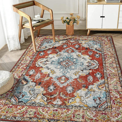 Boho Teppich Vintage Rot Kurzflor waschbar und rutschfest 200x300cm