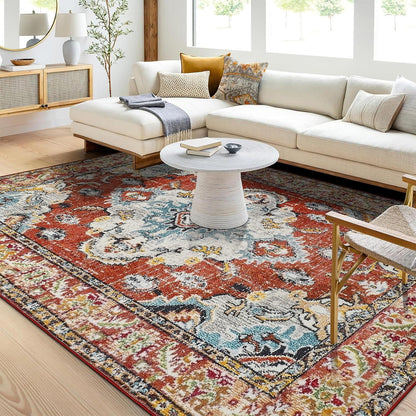 Boho Teppich Vintage Rot Kurzflor waschbar und rutschfest 200x300cm