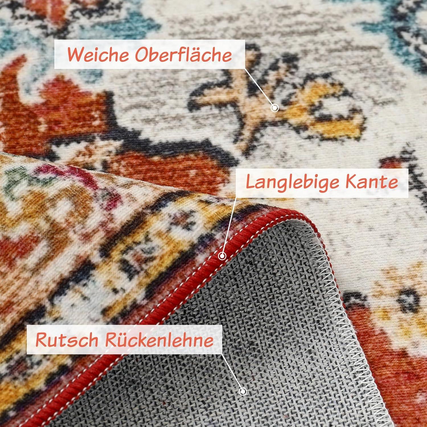 Boho Teppich Vintage 200x300cm Waschbar Rutschfest Kurzflor Rot