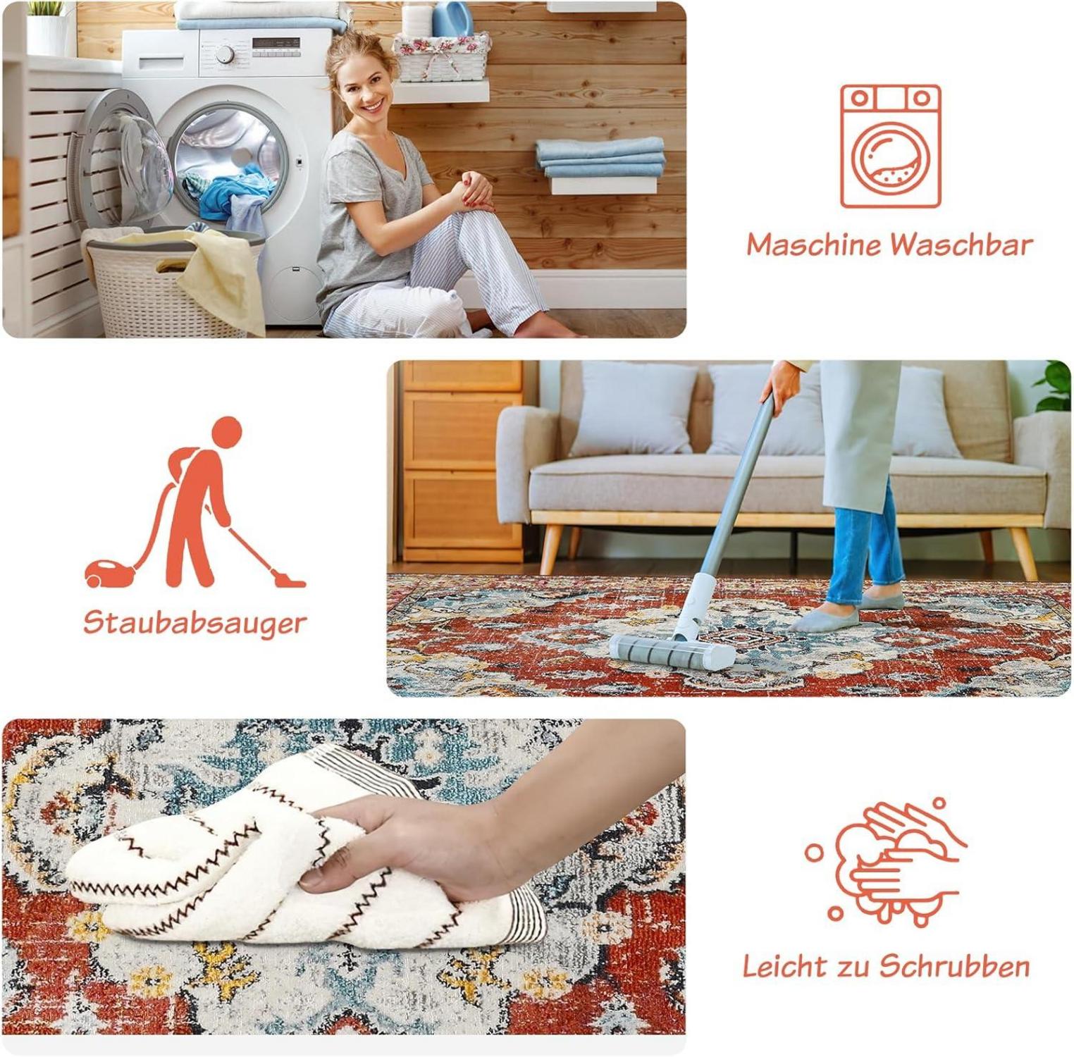 Boho Teppich Vintage 200x300cm Waschbar Rutschfest Kurzflor Rot