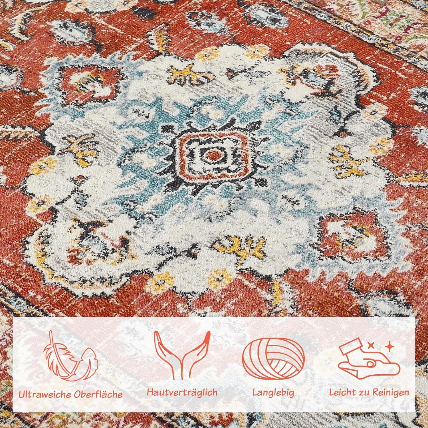 WONGS BEDDING Boho Teppich Kurzflor Vintage Design Rot 200x300cm