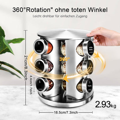 SAEIV 360° Rotation Gewürzregal mit 12 Gewürzdosen, Gewürzetiketten, Edelstahltrichter & Reinigungsbürste