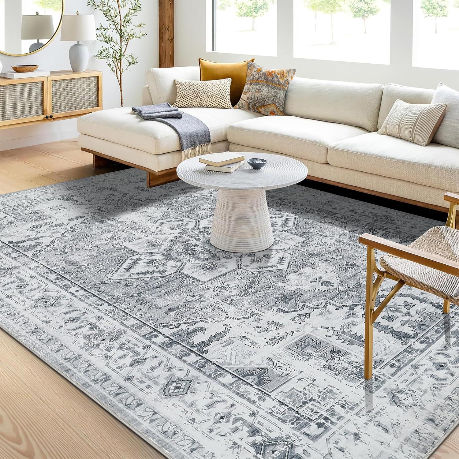 Boho Teppich Vintage Design Grau Kurzflor Waschbar 200x300cm