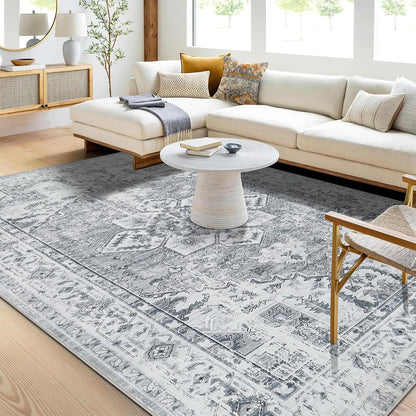 Boho Teppich Vintage Design Grau Kurzflor Waschbar 200x300cm