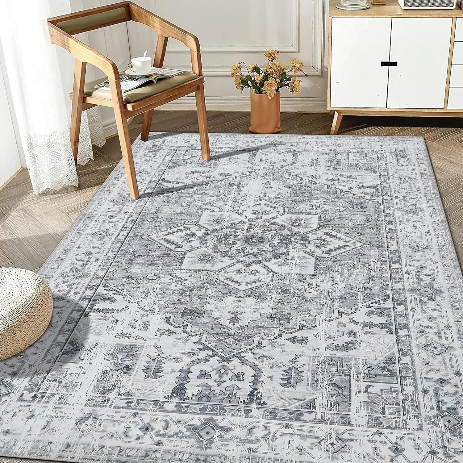 Boho Teppich Vintage Design Grau Kurzflor Waschbar 200x300cm