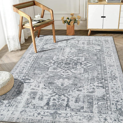 Boho Teppich Vintage Design Grau Kurzflor Waschbar 200x300cm