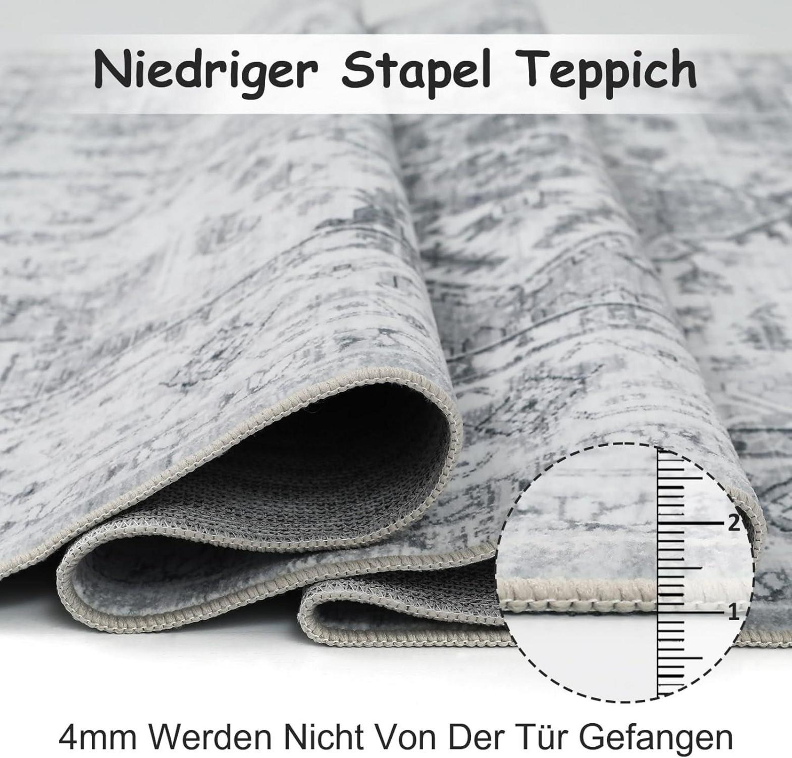 Boho Teppich Vintage Design Grau Kurzflor 200x300cm, waschbar & weich