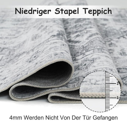 Boho Teppich Vintage Design Grau Kurzflor 200x300cm, waschbar & weich