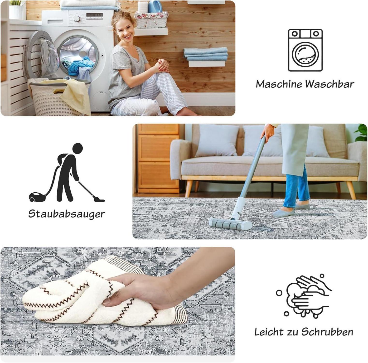 Boho Teppich Vintage Design Grau 200x300 cm Waschbar & rutschfest