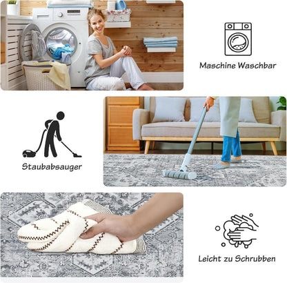Boho Teppich Vintage Design Grau 200x300 cm Waschbar & rutschfest