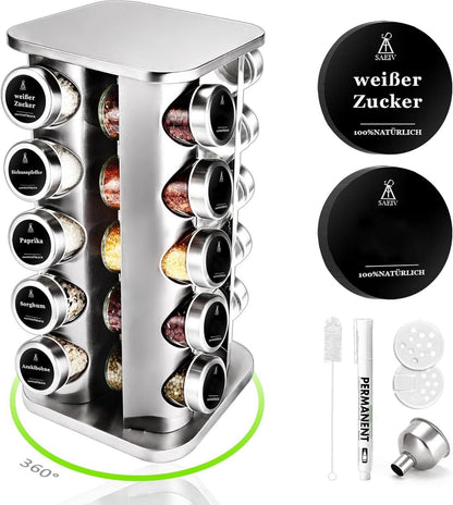 Gewürzregal mit 20 Gewürzdosen | Drehbares Organizer-Set mit Etiketten