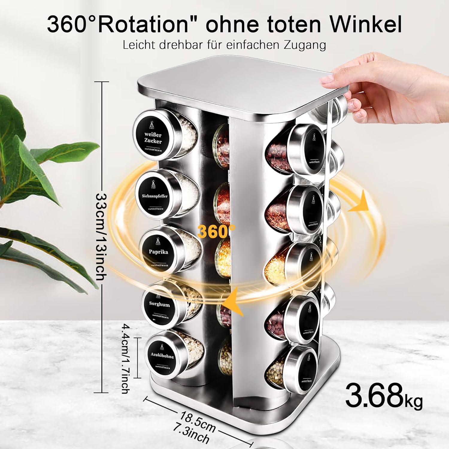 Gewürzregal mit 20 Gewürzdosen | Drehbares Organizer-Set mit Etiketten