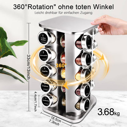 Gewürzregal mit 20 Gewürzdosen | Drehbares Organizer-Set mit Etiketten