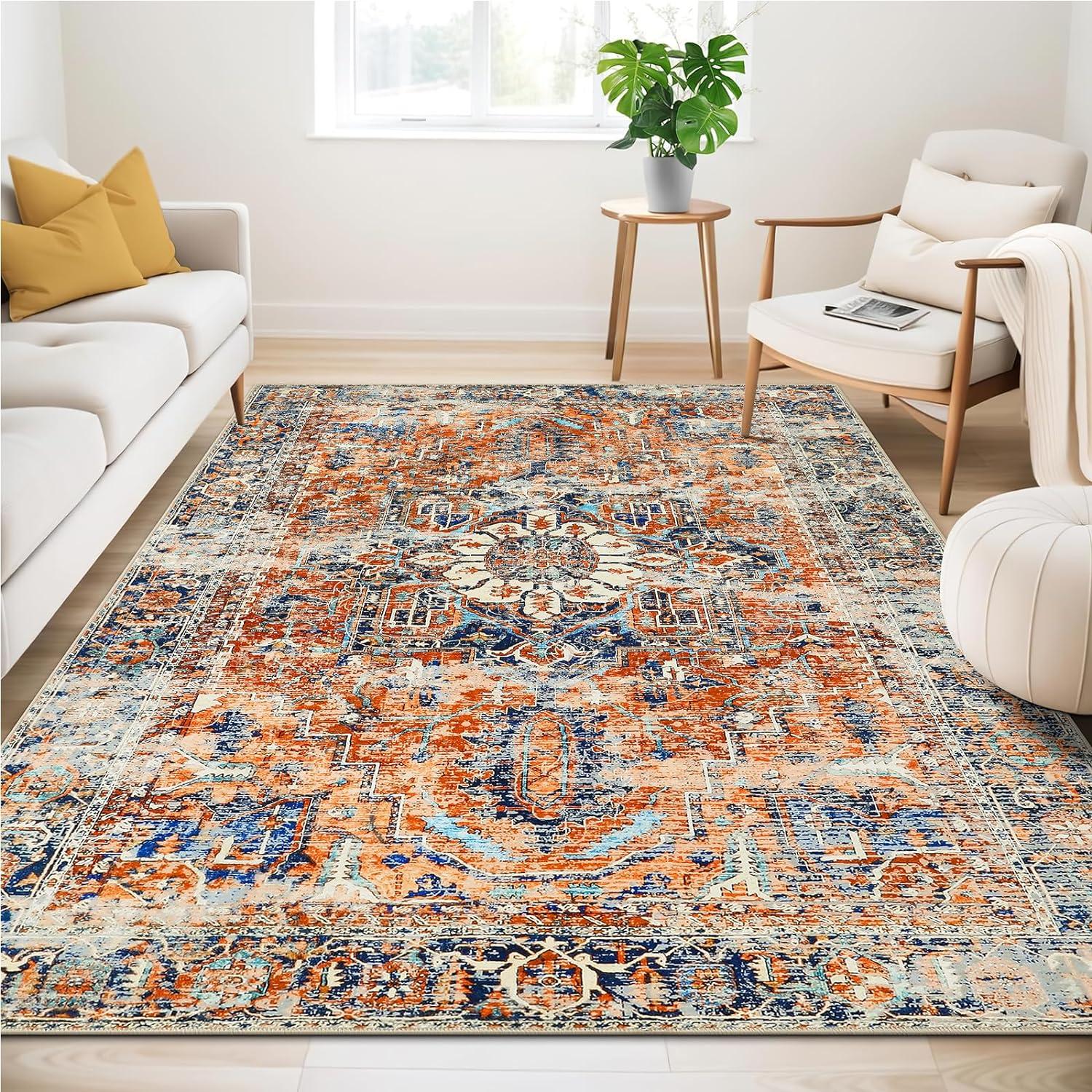 Boho Teppich Wohnzimmer Kurzflor Vintage Orange Waschbar 160x230cm