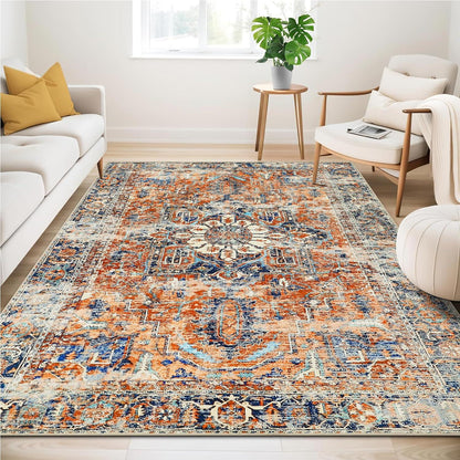 Boho Teppich Wohnzimmer Kurzflor Vintage Orange Waschbar 160x230cm