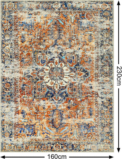 Boho Teppich Orange Kurzflor Vintage Design