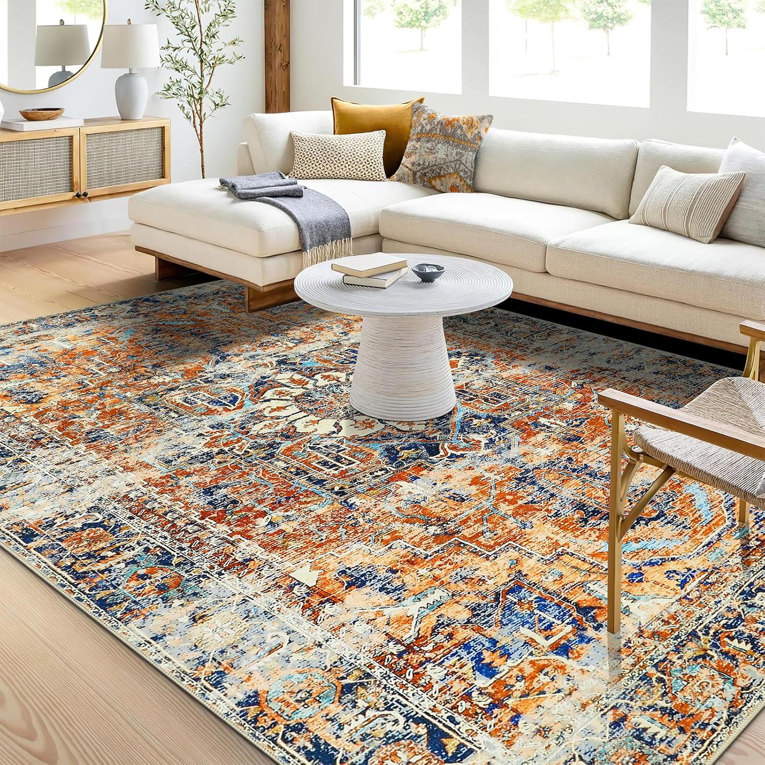 Boho Teppich Wohnzimmer Kurzflor Vintage Orange Waschbar 160x230cm