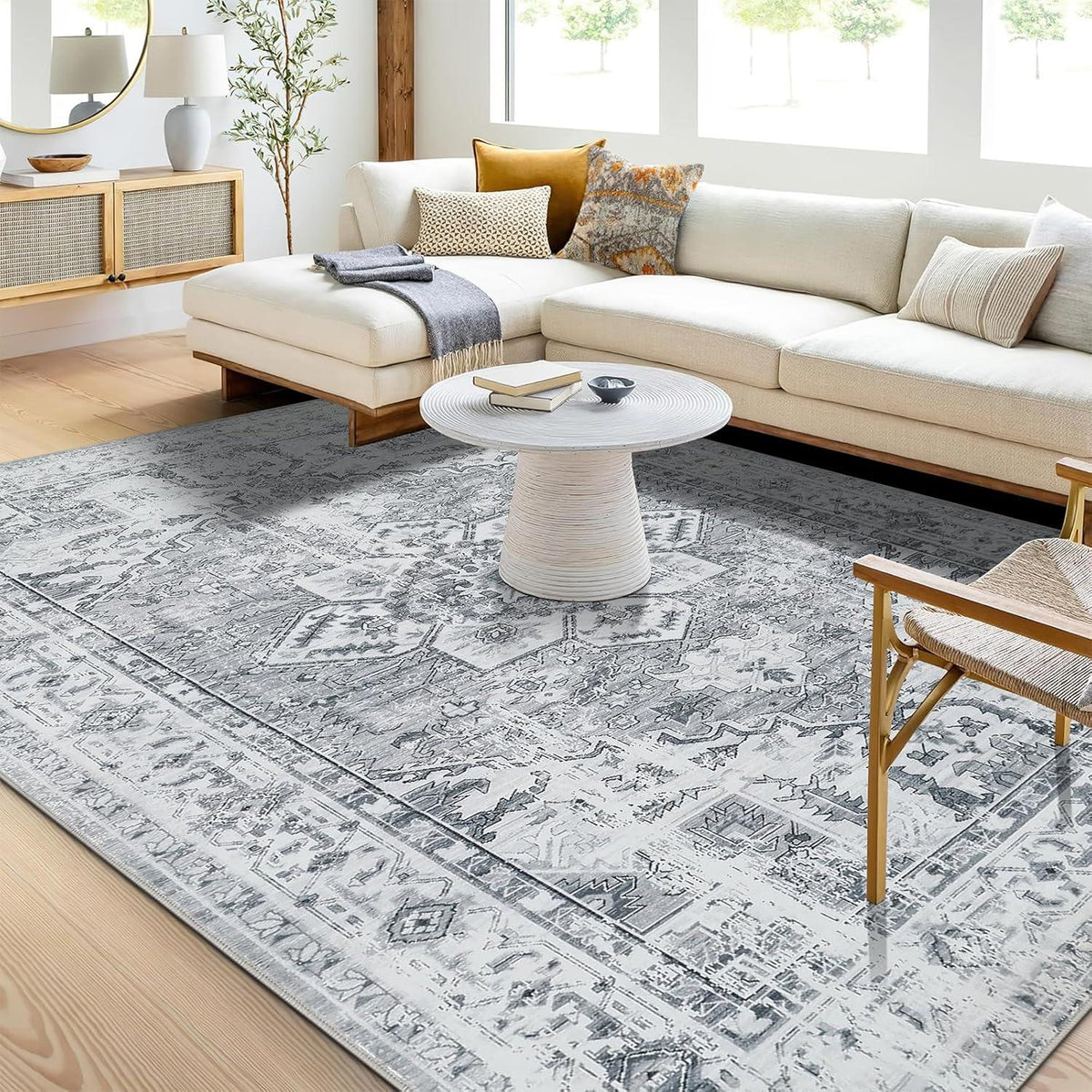 Boho Teppich kurzflor waschbar rutschfest Vintage Design Grau 120x170