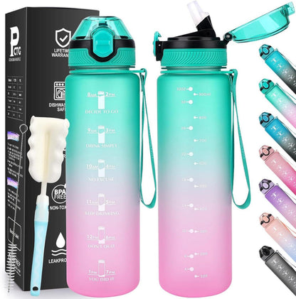 Sport Trinkflasche mit Stroh 1L BPA-frei Zeitmarkierungen