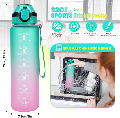 AOPREL 1L Trinkflasche mit Stroh Sport Wasserflasche BPA-frei Zeitmarkierungen