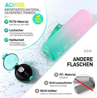 Sport Trinkflasche 1L mit Stroh motivierend BPA-frei