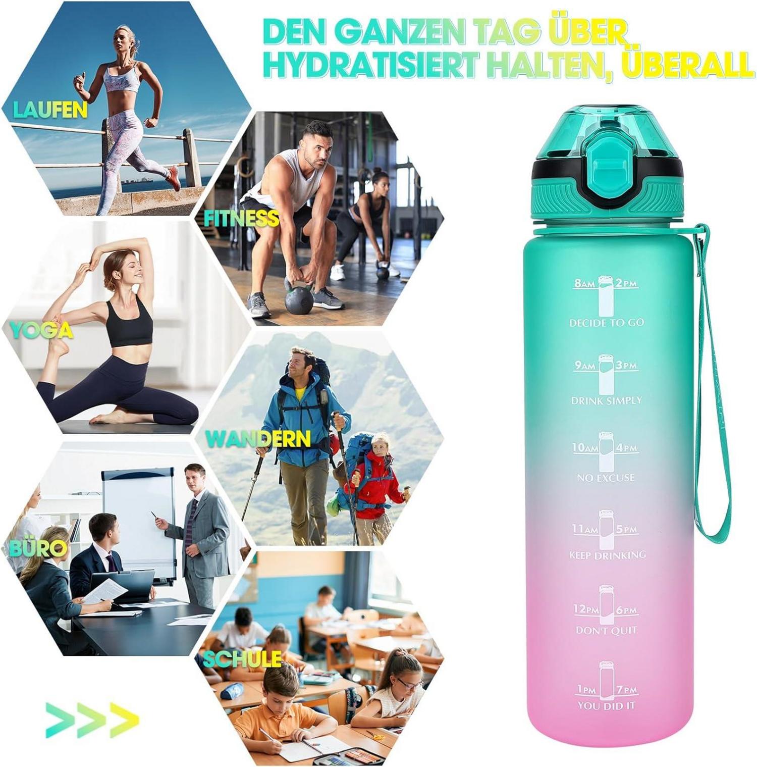 AOPREL 1L Trinkflasche mit Stroh Sport Wasserflasche BPA-frei Zeitmarkierungen