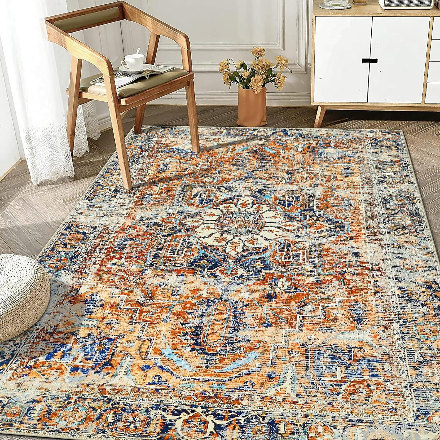 Boho Vintage Teppich Orange Kurzflor Rutschfest 120x170 cm waschbar