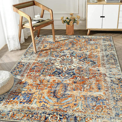 Boho Vintage Teppich Orange Kurzflor Rutschfest 120x170 cm waschbar